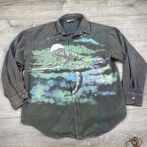 Vintage Crystal Springs Shirt Mens XL Iguana Moon Graphic Long Sleeve USA 90s